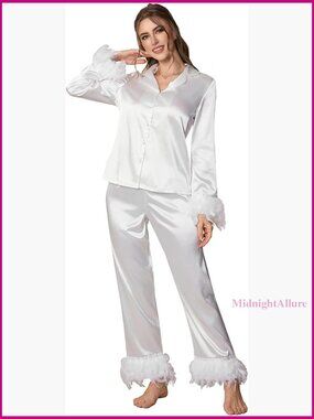 Satin Pajama Set with Fuzzy Trim, Long Sleeve Button Down & Pants